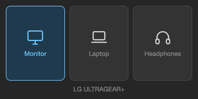 The Audio Out panel showing monitor, laptop and headphones tiles, with the monitor tile active